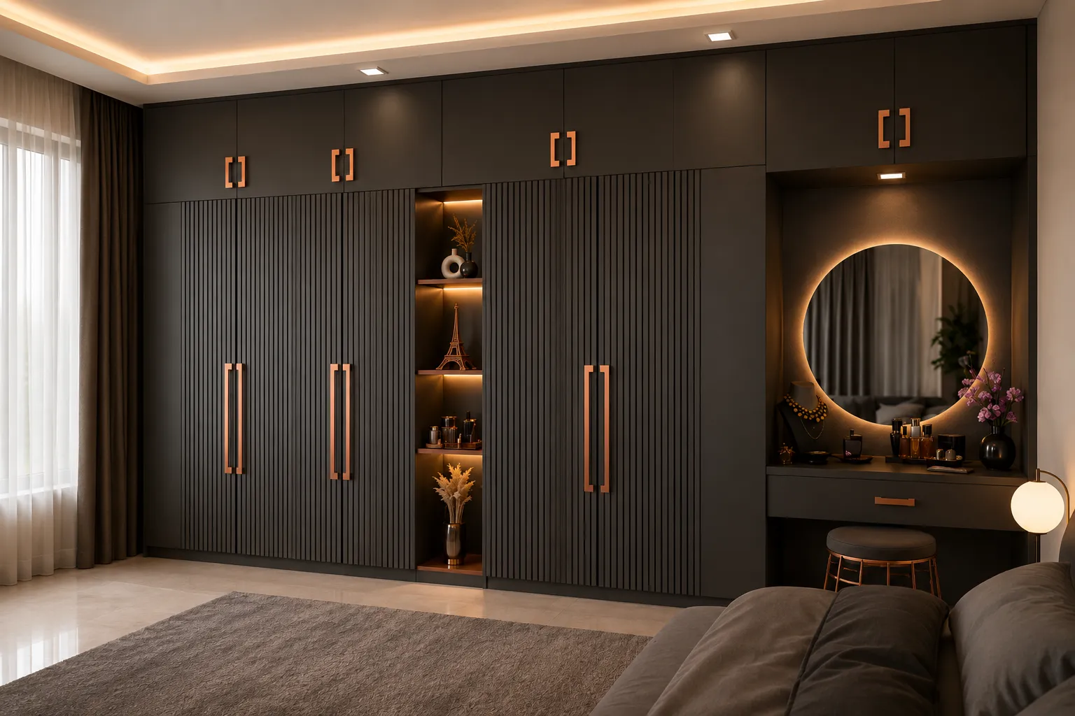 Closet gris moderno con almacenamiento personalizado