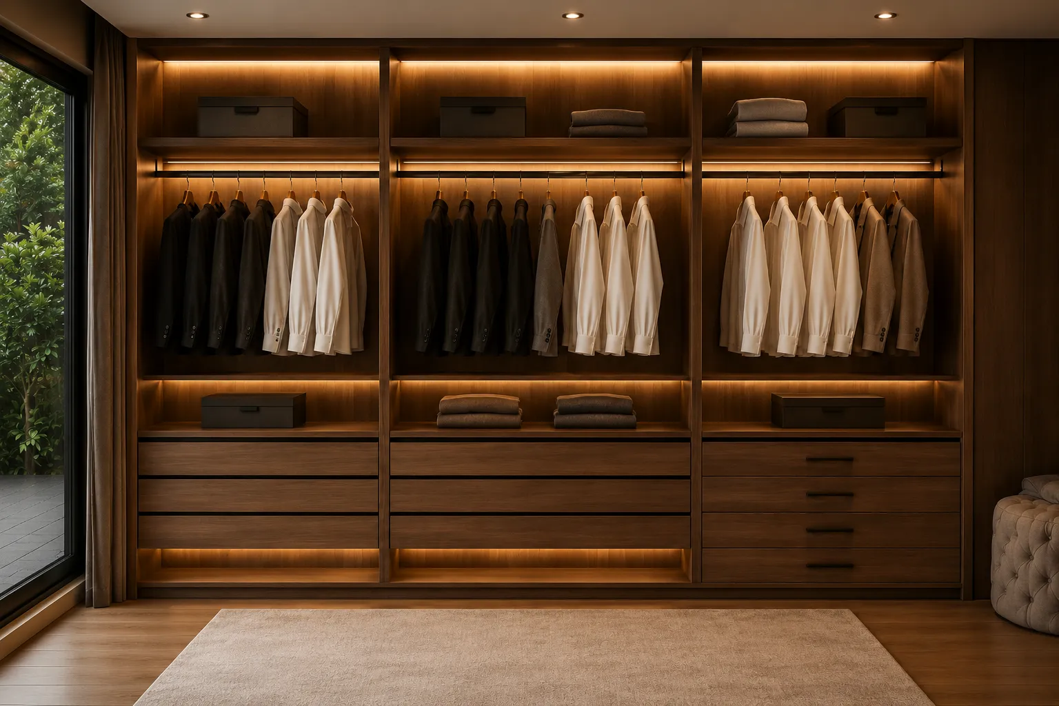 Closet abierto de madera con iluminación interior