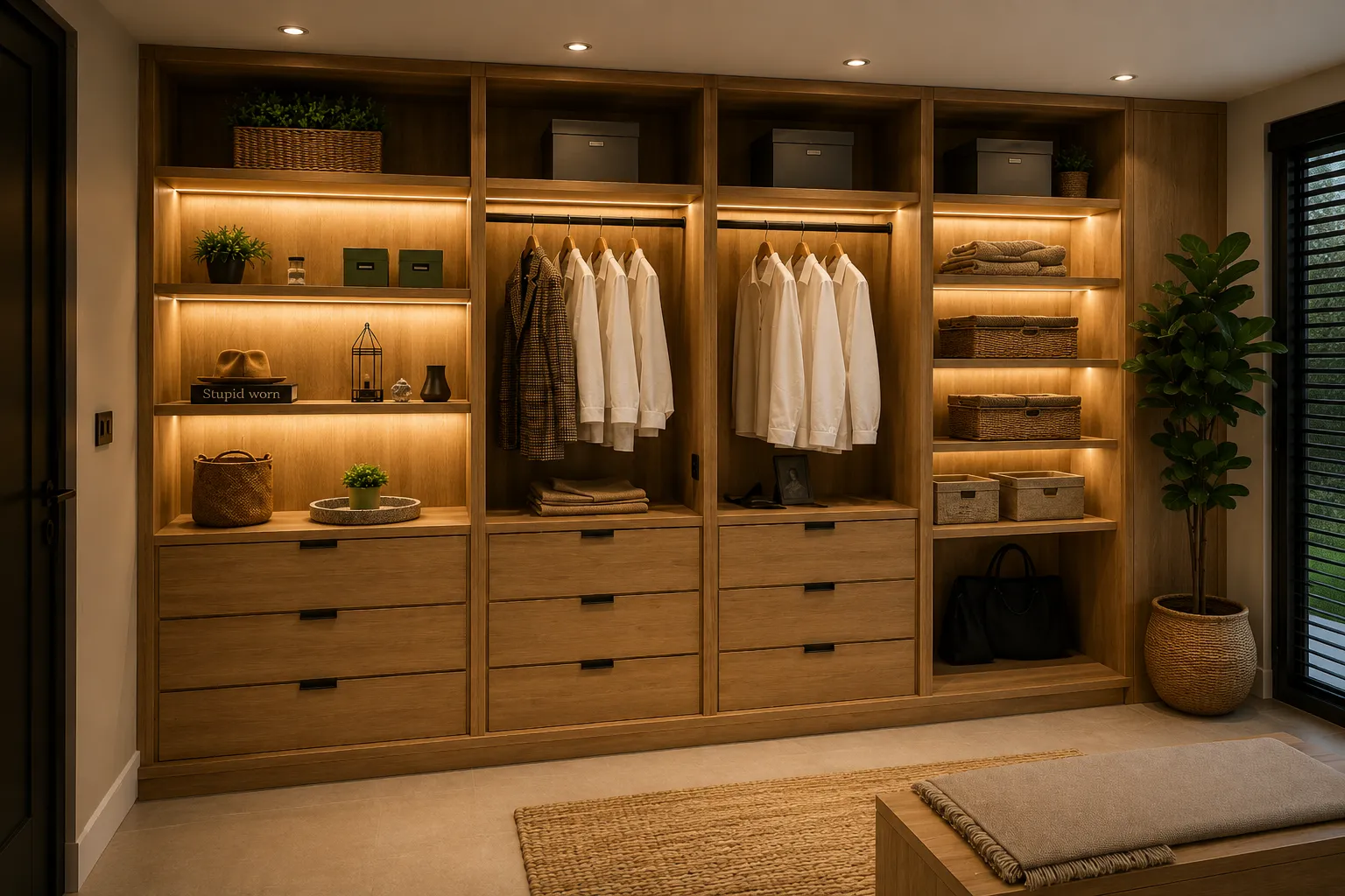 Closet de madera natural con puertas abatibles