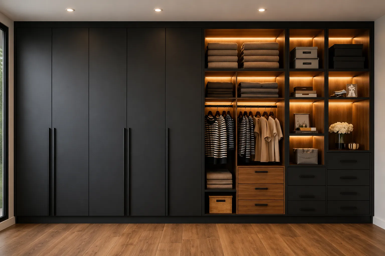 Closet premium negro con detalles de madera e iluminación LED