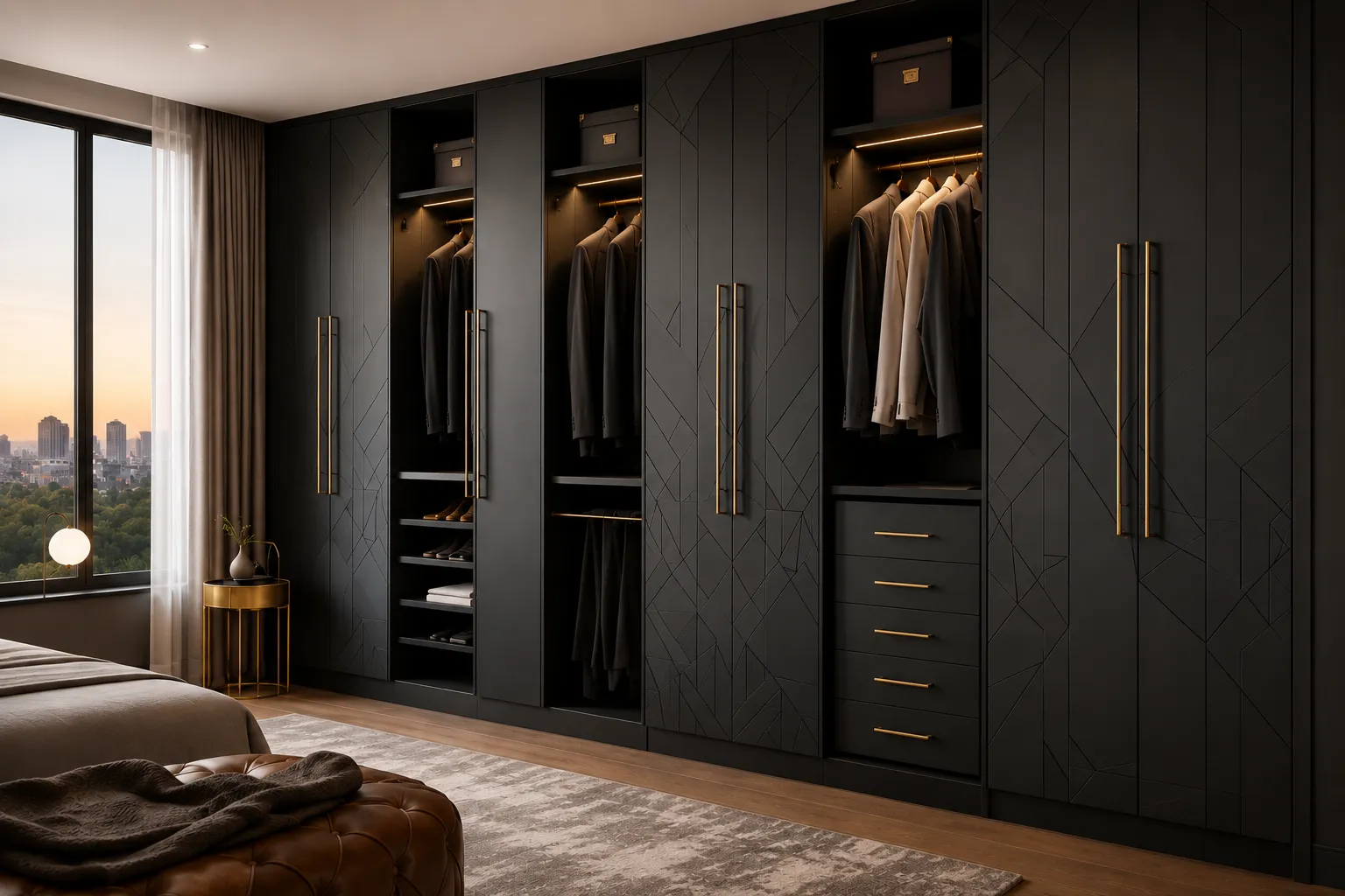 Detalle interior de closet con acabados oscuros y organización personalizada