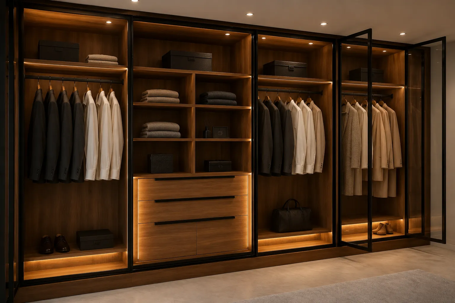 Closet premium con frentes de vidrio y perfilería oscura