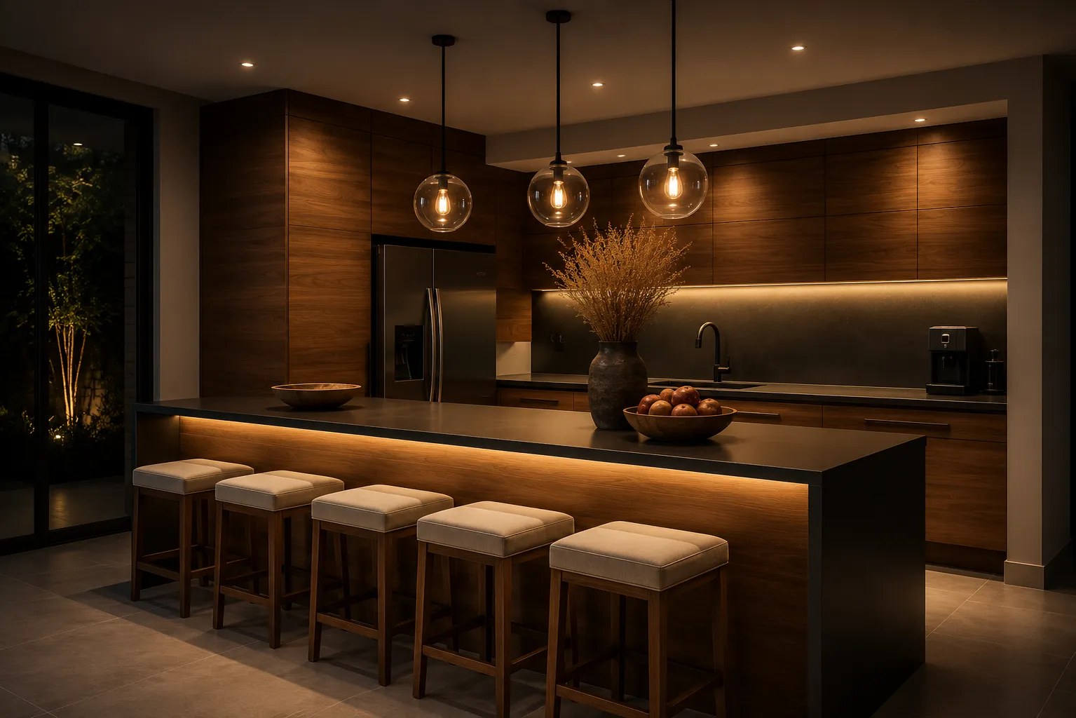 Cocina premium de madera con isla central e iluminación cálida