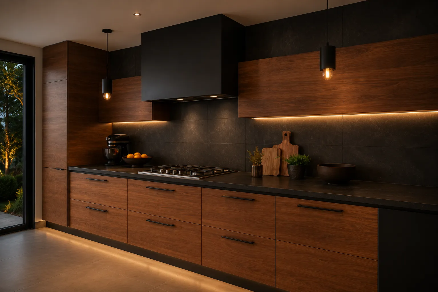 Cocina contemporánea negra con frentes de madera
