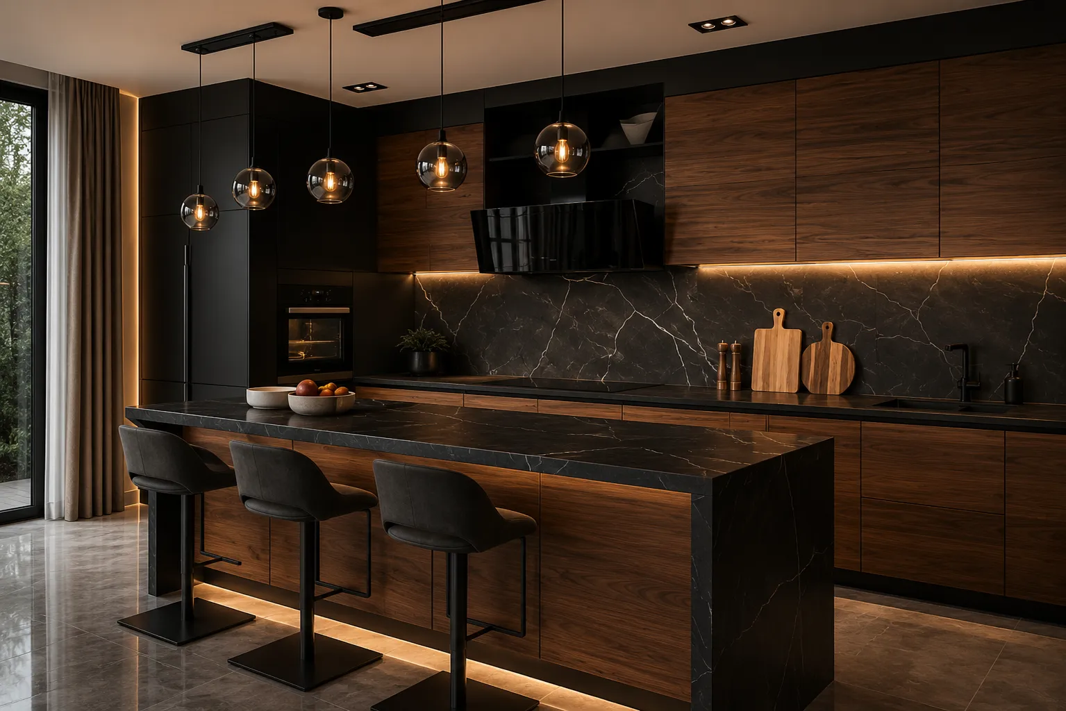 Cocina integral de madera oscura con isla