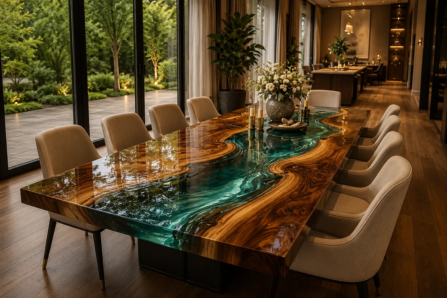 Comedor de madera natural con río de resina verde