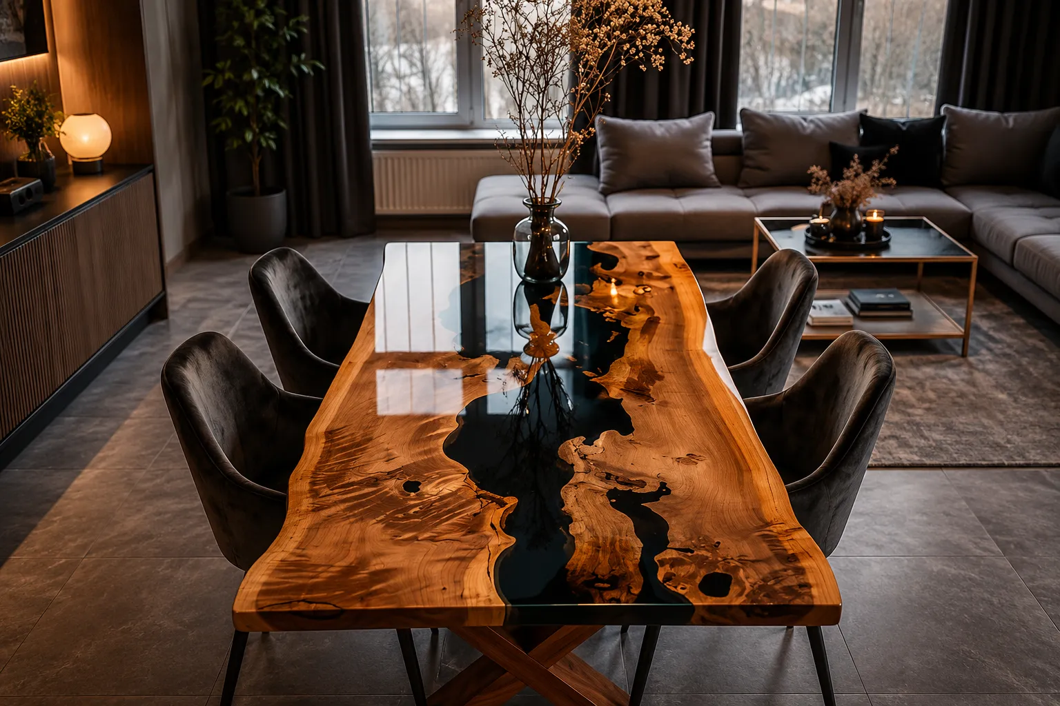 Comedor con detalles en resina roja y base metálica