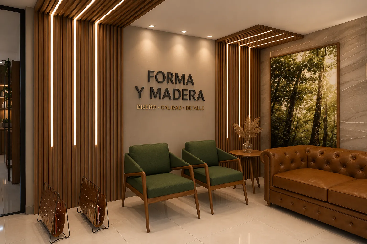 Sala de espera con lambrín decorativo, iluminación integrada y mobiliario de madera