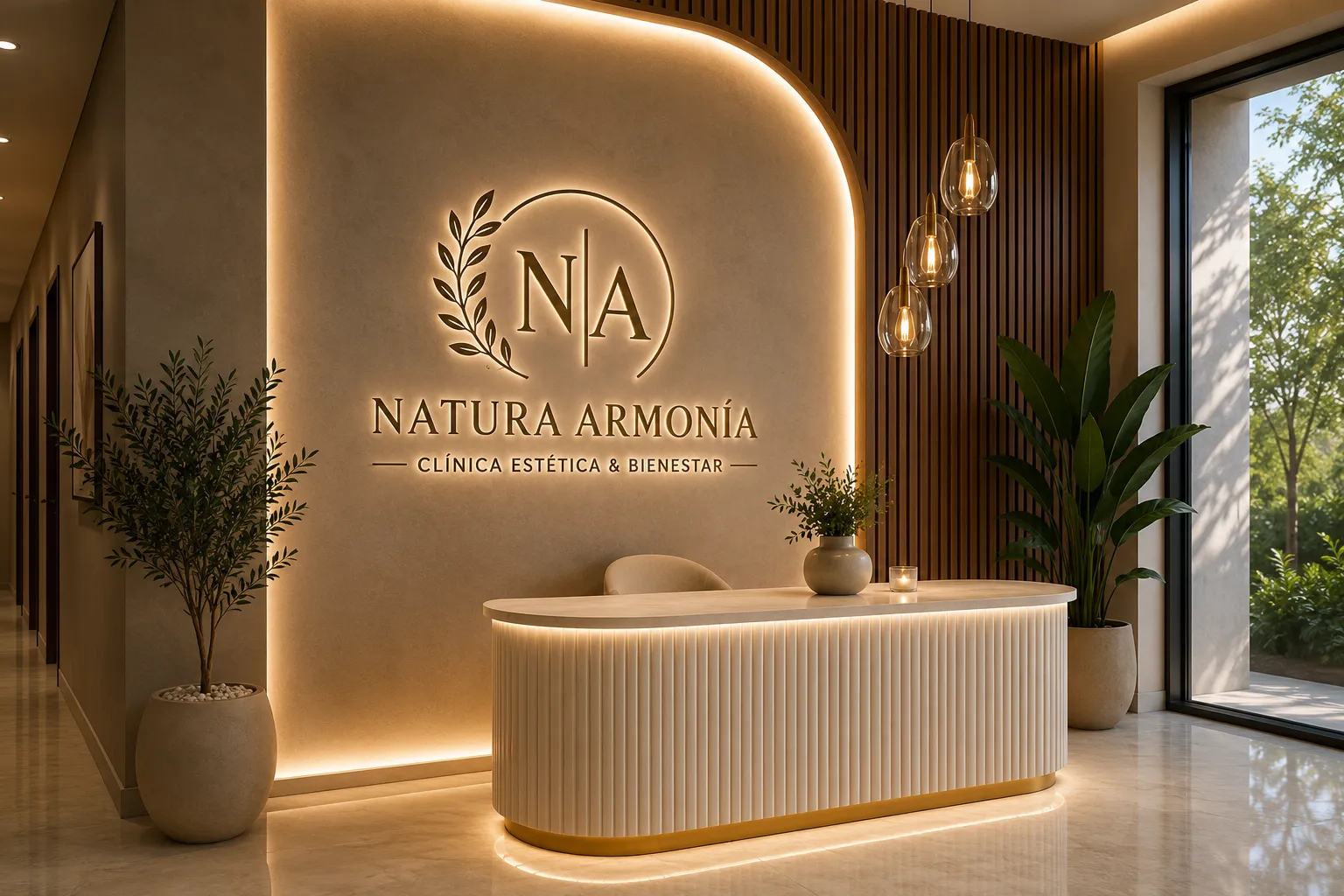 Recepción de clínica estética con muro curvo, lambrín y luz LED