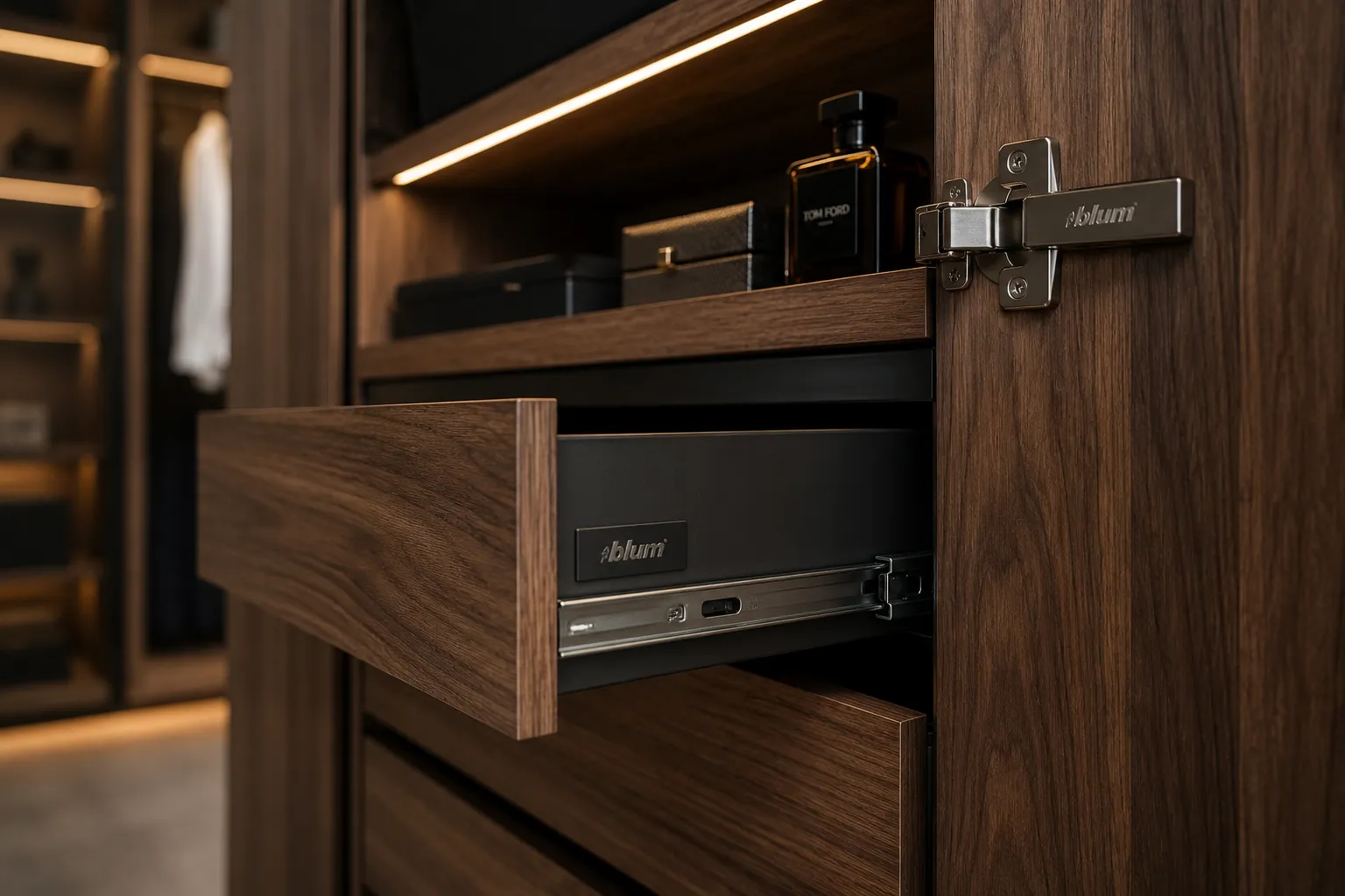 Detalle de cajón y bisagra premium en mobiliario de madera