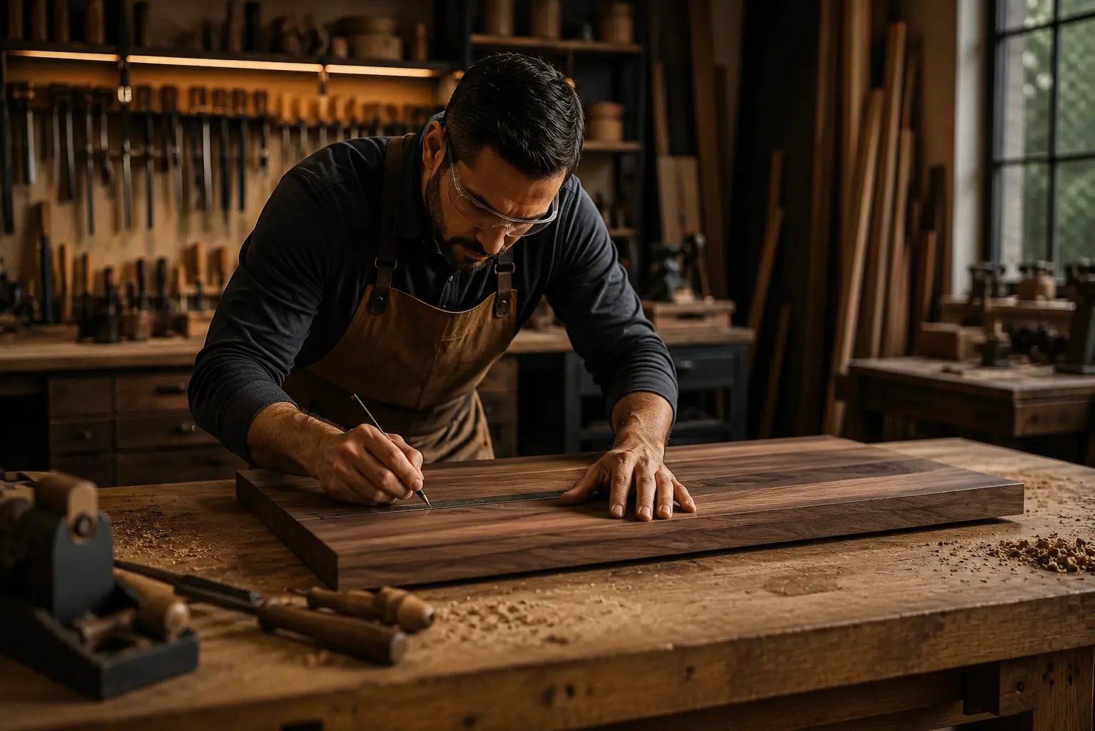 Carpintero trabajando una pieza de madera en el taller