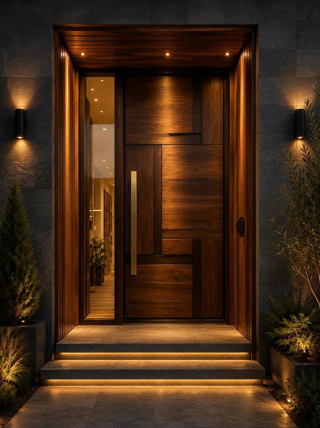 Puerta principal de madera con iluminación arquitectónica