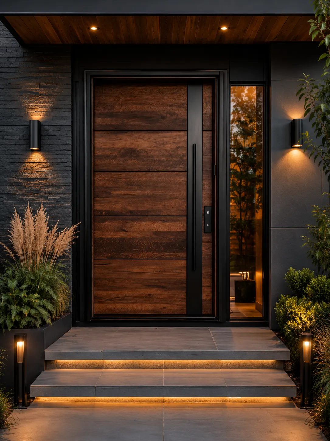 Puerta moderna de madera integrada a una fachada contemporánea
